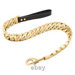 Heavy Duty Dog Chain Leash for Large Dogs Leather Handle Strong Thick Lead Gold
