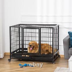Heavy Duty Dog Crate Cage for Extra Large Dogs With Lockable Wheels Removable Tray