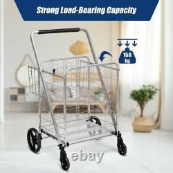 Heavy Duty Folding Shopping Cart Utility Jumbo Double Large Basket 330lbs Silver