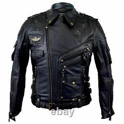 Men Genuine Lambskin Leather Premium Super Heavy Duty Biker Black Coat Jacket