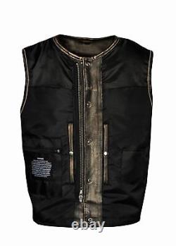 Men's Distressed Brown Leather Motorcycle Club Vest Heavy Duty Black Biker vest