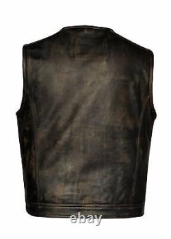 Men's Distressed Brown Leather Motorcycle Club Vest Heavy Duty Black Biker vest