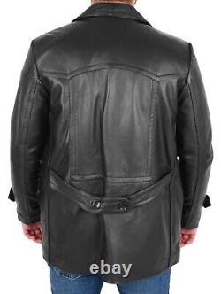 Mens Leather Reefer Jacket Black Heavy Duty Cowhide Double Breasted Pea Coat NEW