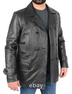 Mens Leather Reefer Jacket Black Heavy Duty Cowhide Double Breasted Pea Coat NEW