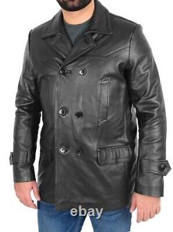 New Mens Leather Refer Jacket Black Heavy Duty Cowhide Double Breasted Pea Coat