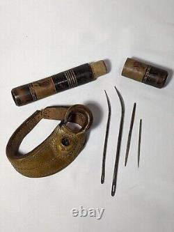 RARE Antique Heavy Duty Leather Sailor's Palm, Needle Case & Large JJ&S Needles